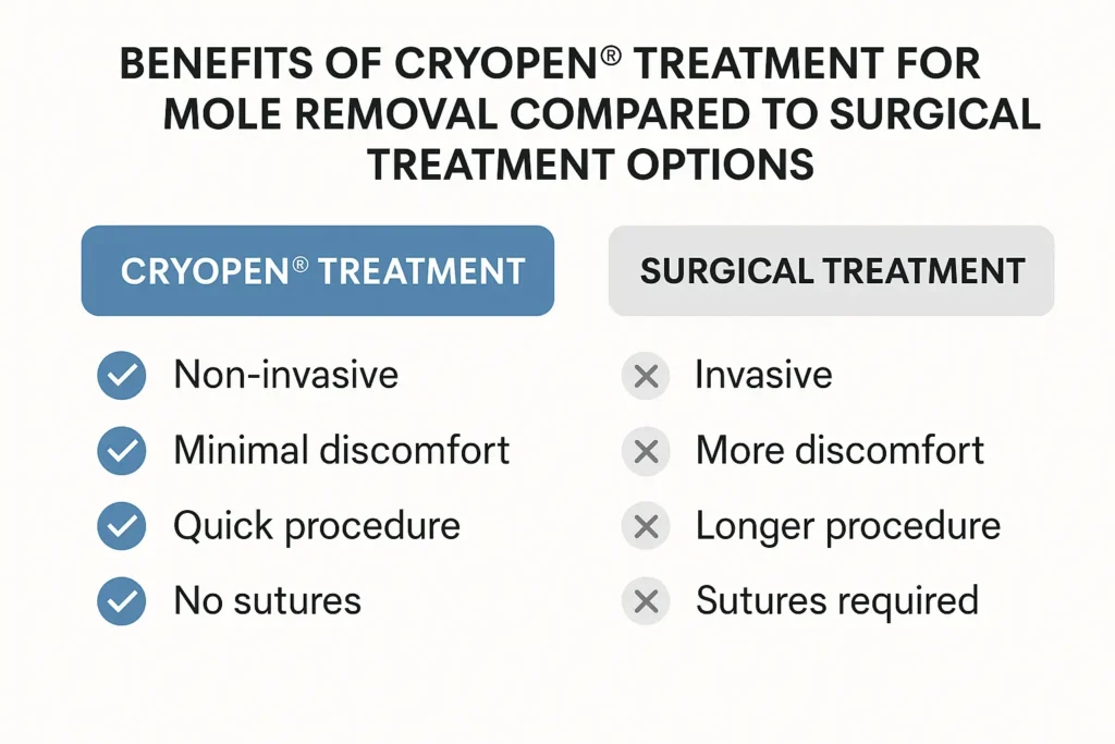 Table to show the benefits of getting moles removed Mortlake from LA LIPO