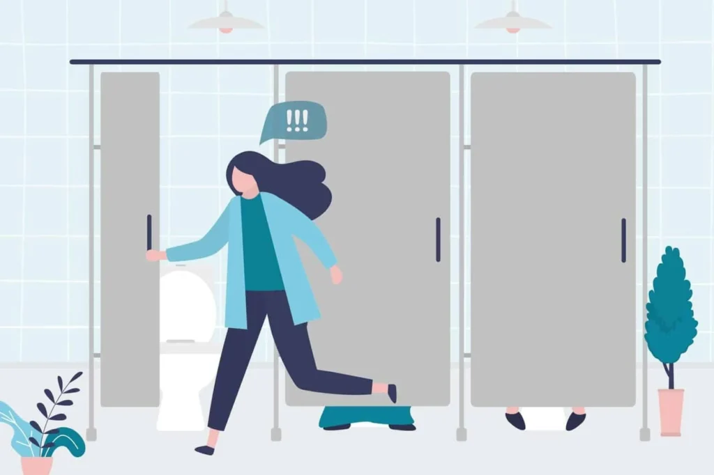 graphic of Urine incontinence Mortlake woman running to the toilet.