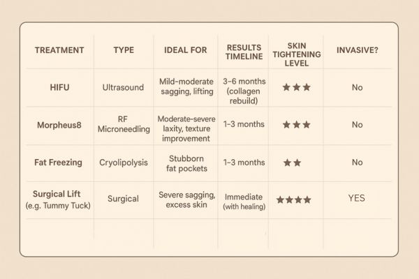 Table showing the comparisons of Skin tightening Mortlake treatment options.